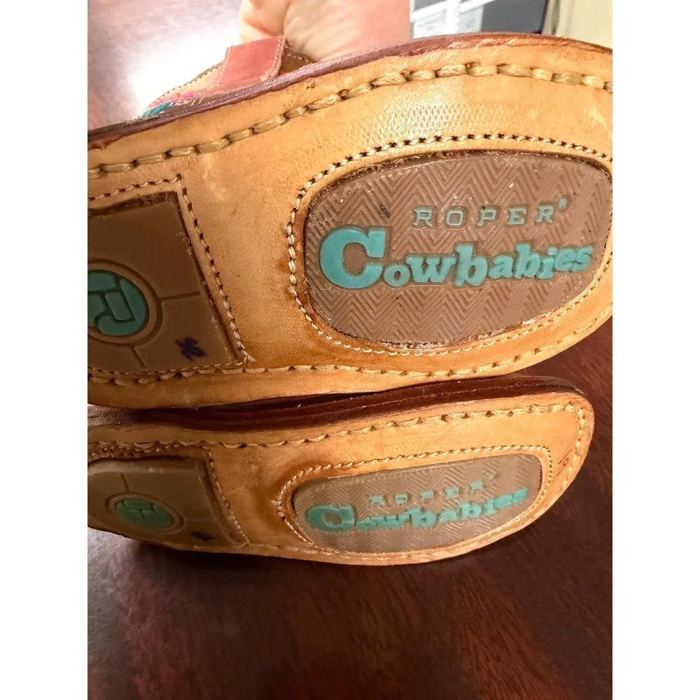 Roper Cowbabies Pink Leather Cactus Floral Embroidered Western Boots Size 2